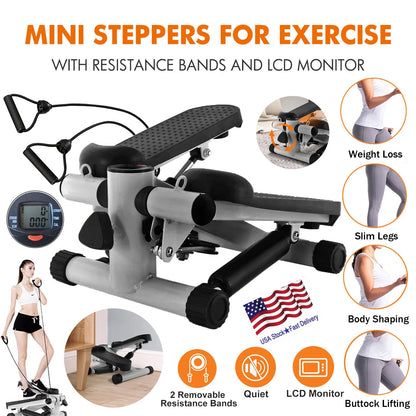 Steppers for Exercise,Stair Stepper with Resistance Bands,Mini Aerobic Stepper Exercise Machine,Stair Climber Equipment with LCD Monitor,White