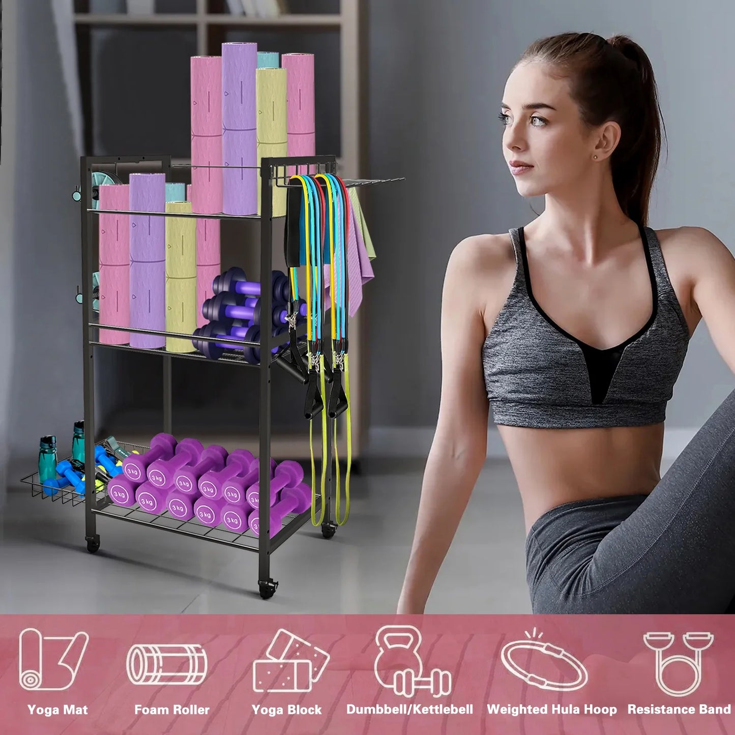 Yoga Mat Storage, Gym Equipment Storage, Cart for Organizing Workout Room, Home Gym Storage with Hooks and Wheels